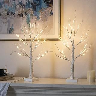 Set of 2-Vanthylit White Christmas Tree with Lights 2FT Tabletop Birch Tree with 24 Warm White LEDs Battery Operated Light up Twig Tree for Home Party Wedding Easter Christmas Decoration