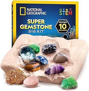 NATIONAL GEOGRAPHIC Super Gemstone Dig Kit - Excavation Gem Kit with 10 Real Gemstones for Kids, Discover Gems with Dig Tools & Magnifying Glass, Science Kits for Kids Age 8-12, Crystals for Kids