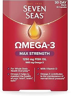 Seven Seas Omega-3 Fish Oil Max Strength, 1250 mg Fish Oil, 1063 mg Omega-3, 250 mg EPA & DHA & Vitamin D, 30 Capsules