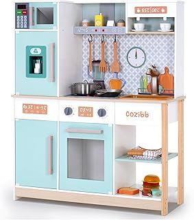 Kids Wooden Toy Kitchen, Play Kitchen Toy for Girls Boys Gifts, Large Pretend Role Play Kitchen Kids Birthday for Toddler Baby, Corner Kitchen Playset, Children Age 3+, Blue with Utensils
