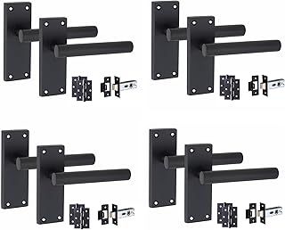 1 Set of Victorian Straight T-Bar Handle Latch Door Handles Matt Black with 1 Pair of 3" Ball Bearing Hinges & Latches Pack Sets 120mm x 40mm Backplate - Golden Grace