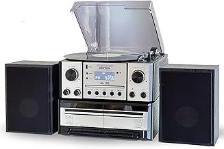 Steepletone BOSTON 5 in 1 Music Centre, Bluetooth Vinyl Record Player, Turntable with CD, Cassette, FM Radio and Aux in, USB MP3 playback & Encoding, Remote Control, with Standalone Stereo Speakers