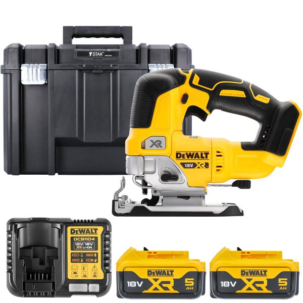 DeWalt DCS334N 18V Brushless Top Handle Jigsaw with 2 x 5.0Ah Batteries & Charger in Case (Without Inaly)