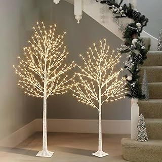 EAMBRITE Lighted Birch Tree Set, White Christmas Trees Indoor Outdoor Decorations, 5FT 6FT Prelit Artificial Tree with Timer & Light Dimmer, LED Twig Tree for Home Porch Bedroom Wedding Decor (2Pcs)