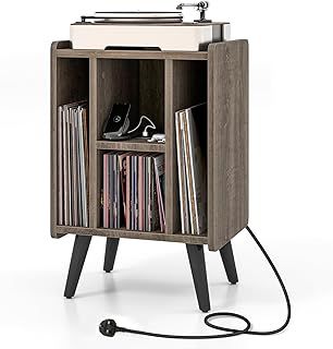 CASART Record Player Stand, Vinyl Record Storage Cabinet Sofa Side Table with Charging Station & USB Port, Industrial Turntable Stand End Table for Living Room Bedroom Studio (Grey Oak)