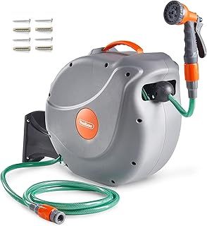 VonHaus Hose Reel 20m – Wall Mounted Hose Reel for Garden, Retractable, Auto Lock and Auto Rewind, Includes Wall Fixings and 8 Function Spray Gun, 180° Pivot Swivelling, Long Reach, Outdoor Watering