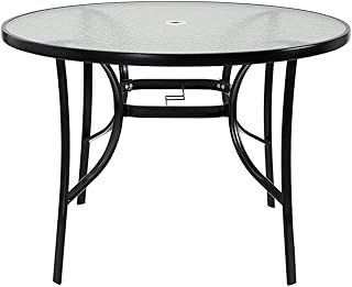 Panana 105cm Round Garden Dining Table with Parasol Hole, Outdoor Coffee Table with Tempered Glass Tabletop and Metal Frame for Conservatory, Patio, Balcony
