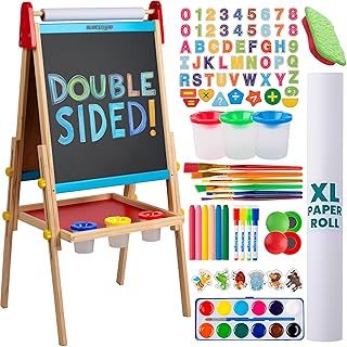 Blue Squid Art Easel for Kids - Dual-Sided Adjustable Wooden Painting Easels, Ideal Toddlers and Children Gifts - w/Magnetic Chalk Board, White Board & Paper Roll, Includes 100+ Accessories