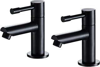 Wasserrhythm Basin Pillar Taps Pair Black Twin Bathroom Sink Mixer Taps Monobloc Matte Black Brass Cloakroom Faucets Traditional Mono 2PCs Hot and Cold Water 1/4 Turn Lever, DT28J