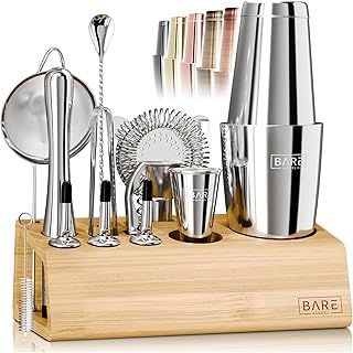 BARE BARREL® Cocktail Making Kit | 14-Piece Bartender Kit Cocktail Shaker Set Maker | Bamboo Display Stand & 35 Recipe Cards | Mixology Cocktail Gift Set (800ml/28oz Boston Shaker, Silver/Natural)