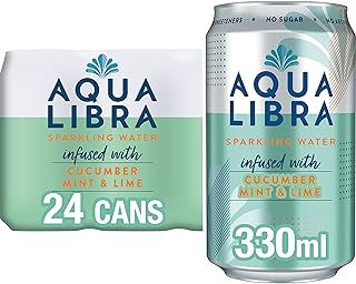 Aqua Libra Sparkling Water - Natural Flavour - No Sugar - Low Calorie - Refreshing - Cucumber, Mint and Lime - 330 ml - Pack of 24 cans
