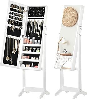 HOMCOM Full Length Mirror with Storage, Jewellery Cabinet with Mirror, Adjustable Angle and Stand, Lockable Jewellery Organiser for Bedroom Dressing Room, White