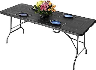 6ft Folding Table, Functional Indoor and Outdoor Foldable Trestle Table with Wood Grain Pattern, Heavy-Duty Black Table Surface 70.8x29.5 In (180x75cm) with Steel Frame - Easy to Fold and S