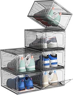 ARSTPEOE Shoe Storage Box, 6 pcs Shoe Storage Plastic Stackable, Clear Shoe Box, Foldable Shoe Storage Organiser. Sneaker Display Case, Shoe Box with Magnetic Door（Black