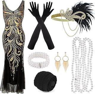 PLULON 1920s Sequin Beaded Fringed Dress with Roaring 20s Accessories Set V Neck Gatsby Dress with Feather Headpiece Gloves Necklace Gold Earrings for Women