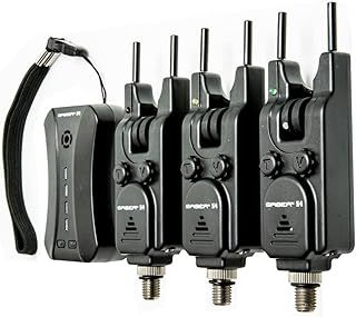 Saber - S4 Wireless Bite Alarms Set - 3 in 1 - Carp Coarse Fishing Set - Adjustable Volume & Tone - 4 Way Receiver - Removable Snag Ears - Vibration Function - LED Lights - Perfect For Fishing