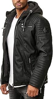 RED BRIDGE Men's Faux Lether Jacket Transition Biker Jacket with Hooded Modern 2in1
