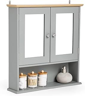 VonHaus Bathroom Mirror Cabinet – Grey Bathroom Wall Cabinet with Wood Effect Top - 2 Door with Mirror, 3 Internal Shelves & 1 Open Shelf - for Toiletries & Medicine - Shrewsbury