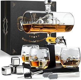 WHISISKEY - Whiskey Decanter Set - 1100ML Ship Carafe - Whiskey Gift Sets for Men - Whisky Set - Glass Gifts for Men - Inc. 4 Whiskey Glasses, 4 Whiskey Stones, Accessories