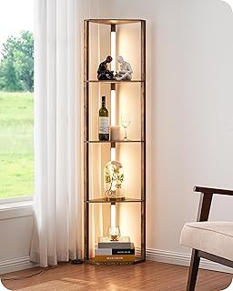 EDISHINE LED Floor Lamps with Shelves, 4 Layers Wood Dimmable Standing Lamp, 360° Rotatable Poles, Corner Floor Lamps for Living Room Bedroom Office, Dark Brown