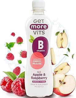 Get More Vits - B Vitamins Still Apple & Raspberry Flavoured Spring Water (12 x 500ml), Supports Energy Release, Tackle Tiredness & Fatigue, Natural Flavours, Sugar Free, Low Calorie, Vegan