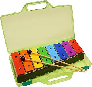 A-Star Colourful Chime Bar Set of 8 Soprano Rainbow Diatonic Glockenspiel Xylophone in Green Hard Case with Two Beaters - C6 to C7