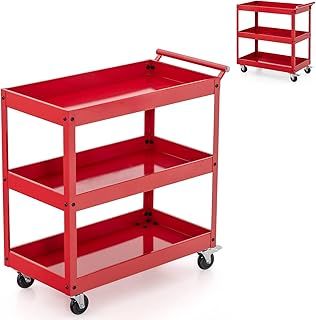 GiantexUK 2/3-Tier Tool Trolley, Metal Frame Utility Service Cart with 4 Wheels and Handle, Heavy Duty Rolling Storage Trolley for Office, Garage, Warehouse and Workshop (3-Tier, Flat Handle, Red)
