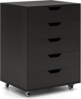 SFAREST Mobile File Cabinet, Lateral Stationery Vertical Rolling Filing Cabinet with Lockable Wheels, Wooden Under Desk Storage Cabinets for Home Office (Black, 5 Drawers)