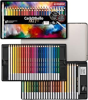 STABILO CarbOthello - Chalk-Pastel Pencil - ARTY+ - Tin of 48 - Assorted Colours with Sharpener, Kneaded Eraser and Blending Stump