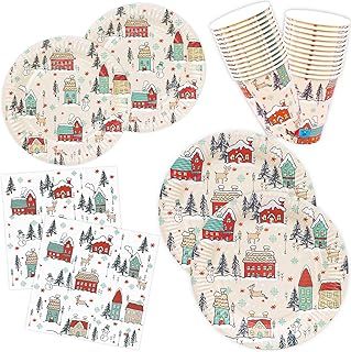 HNH Christmas Paper Plates, Napkins, Paper Cups, Dessert Plates Set 100 Pieces Green Forest Party Tableware for Table Decorations