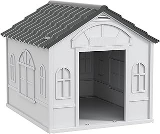 PawHut Weather-Resistant Dog House, Puppy Shelter for Medium Dogs - Grey