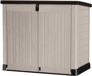 Keter Store It Out Pro Outdoor Garden Furniture Storage Shed Beige with Brown Lid Fade Free All Weather Resistant Safe and Secure Zero Maintenance 5 year Warranty
