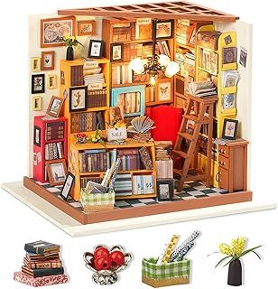 ROBOTIME DIY Dolls House Kit Wooden Library Model Kits Building, Book Nook Miniature Craft Kits, 1:24 Scale Book Store with Furniture and Accessories Educational Toys