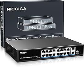 NICGIGA 16 Port PoE+ Switch, 250W, 2 Gigabit Uplink, 1 SFP, Metal Case, Unmanaged, RJ45, SFP, Camera, Desktop, Laptop, Printer Compatible, 19 inch RackMount, Plug and Play
