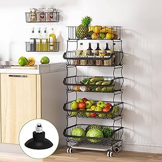 1Easylife Fruit Vegetable Basket, 5 Tier Stackable Fruit Vegetable Stand with Rolling Wheels, Vegetable Storage Rack for Kitchen, Pantry, Garage With 2 Free Baskets (Black)