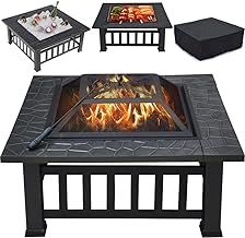 Yaheetech 3 in 1 Fire Pits for Garden Outdoor Patio Heater Metal Square Fire pit/Ice Pit Garden Accessories with Log Poker, Mesh Screen Lid and Waterproof Cover 81.2X81.2X50cm (with Lid)