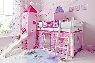 Cabin Bed Midsleeper Kids Bunk with Slide and Fairies Tent, Tower and Tunnel in White