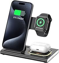 Aimtel 3 in 1 Foldable Charging Station Compatible for Apple Watch 10/Ultra 2/9/8/7/6/SE,Fast Wireless Charger Travel&NightLight for iPhone 16/16 Pro/16 Pro Max/16 Plus/15/14/13/12,Air Pods Pro/4/3/2