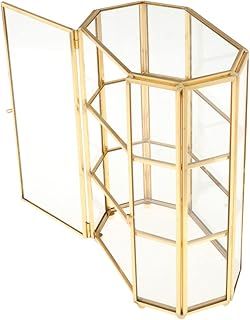 Golden Vintage Glass Jewelry Box Display Case Organizer for Trinkets, Necklace, Ring, Diamond, Flower 6.7"x4"x8.3"