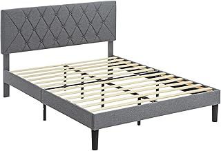HOMCOM King Size Bed Frame with 5-Level Adjustable Linen Upholstered Headboard, Wooden Slats Mattress Foundation, No Box Spring Needed, Grey