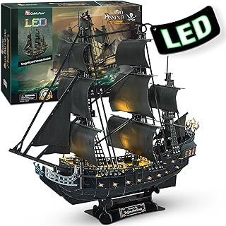 CubicFun 3D Puzzles Pirate Ship and Sailboat Vessel Black Pearl Highly Difficult Model Ship Kit Queen Anne's Revenge (Large with LED Lights) Building 3-d Puzzles Gifts for Adults and Kids, 340 Pieces