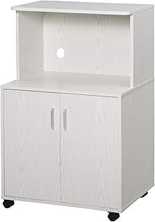 HOMCOM Kitchen Storage Unit, Modern Microwave Stand Trolley Cart, Sideboard with Cabinet, Locking Wheels, Shelf for Living Room, Dining Room, White