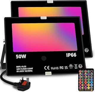 Bhochy LED Floodlight Outdoor 50W, Colour Changing Flood Lights with Remote Control, Timing, 4 Modes, IP66 Waterproof, UK 3-Plug，2 Pack