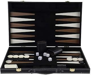 Deluxe Wooden Backgammon Game in Leatherette Covered Case, 2 player, 5 dice, 2 cups as well as shuffleboard, (Brown/Ivory 18 ")