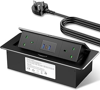 Desktop Power Socket with USB C, Airmom Recessed Power Socket 2 UK Plug, Aluminum Hidden Desktop Power Strip, Pop up Plug Socket for Kitchen, Worktops, Conference Desk, PD20W, 1.8M Extension Lead