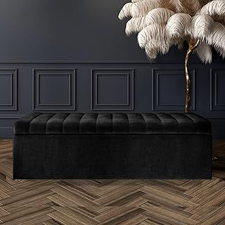 Naples Lined Upholstered Ottoman Storage Box, Shoe Bench, End of Bed Bench, Rectangle Coffee Table (Black Naples, 4ft6 137x40x40 CM)
