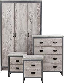 GFW Boston Bedroom Furniture Sets With Bedside Table, Chest Of Drawers & Wardrobe, Contemporary Wooden Matching Bedroom Furniture Sets, Grey, 3 Piece Set