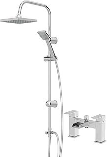 Architeckt® Square Waterfall Bath Shower System Mixer Shower Tap with Modern Square Riser Rail Kit Dual Rainfall Shower Heads Handset
