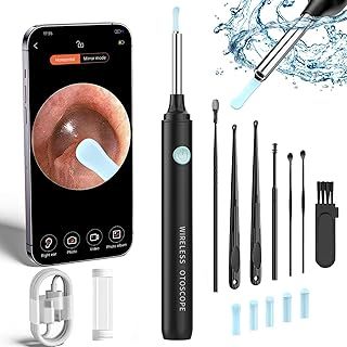 Ear Wax Removal Kit - Ear Cleaner Ear Camera - Ear Wax Remover with 6 Pcs Ear Set - Ear Wax Removal Tool - WiFi Otoscope Camera with 6 Silicon Ear Spoon - Ear Cleaning for iOS & Android (Black)