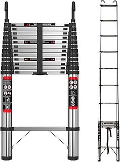 5M Telescopic Stainless Steel Ladder - 16.5FT Extendable Portable Loft Attic Ladder with Detachable Hooks - EN131 Standard for Roofing Business Household Use RV Indoor Outdoor Work